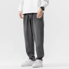 厳選ストレートトレンドレトロ水洗いジーンズ男ゆるいスポーツパンツ男シンプルカジュアルパンツ2024春