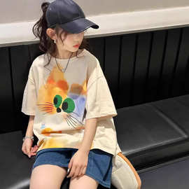女童短袖t恤夏装2025新款女孩夏季时尚上衣女大童韩版嘻哈宽松长t