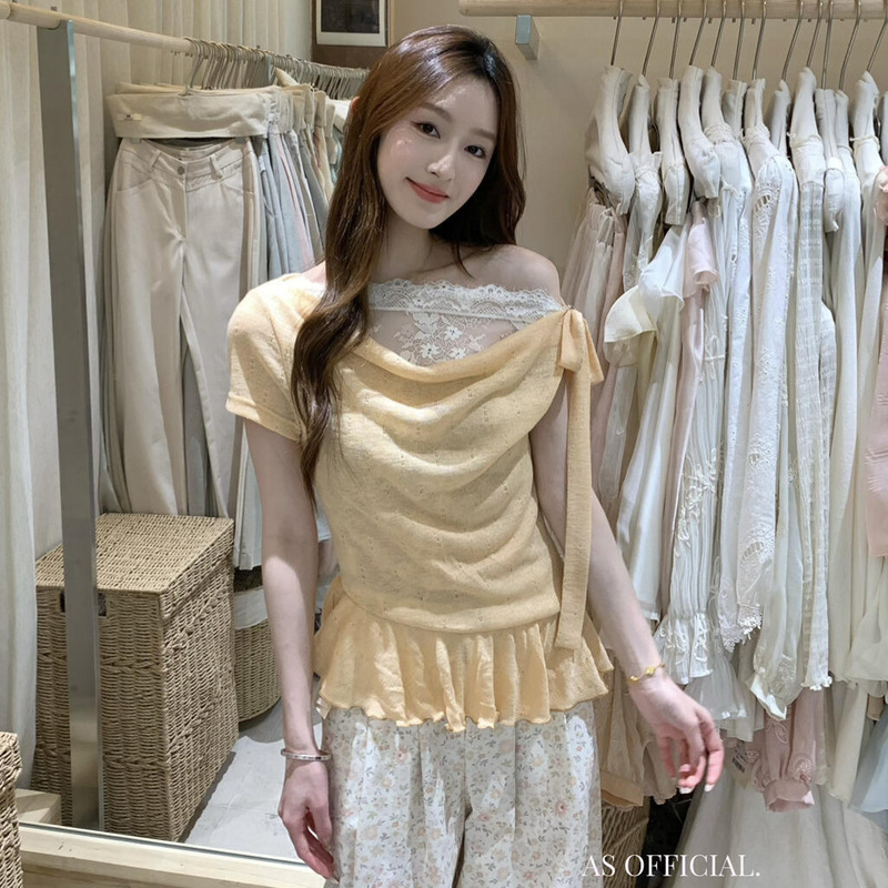 Clearance Sale, No Returns or Exchanges. Beautiful Romantic Lace-Up Off-Shoulder Blouse for a Date, with Lace Splicing and Diagonal Straps, Model 2687