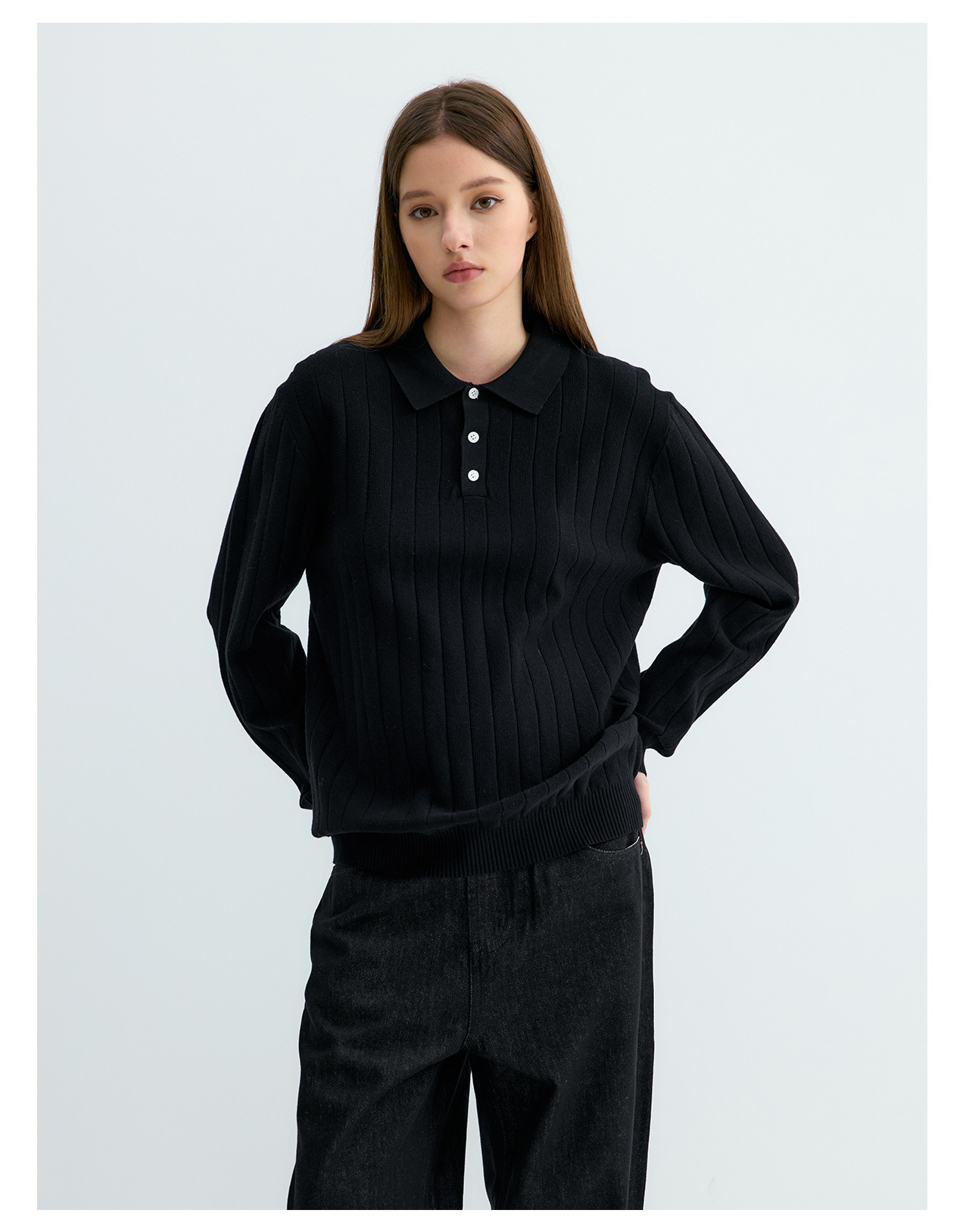 UNF 250g Ribbed Knit Polo Sweater