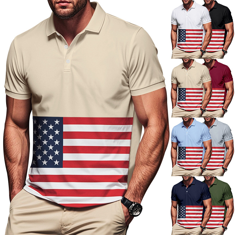 Europa y los Estados Unidos Amazon Hot Sale hombre botón de color coincidente camisa de polo de verano impresa con bandera nacional