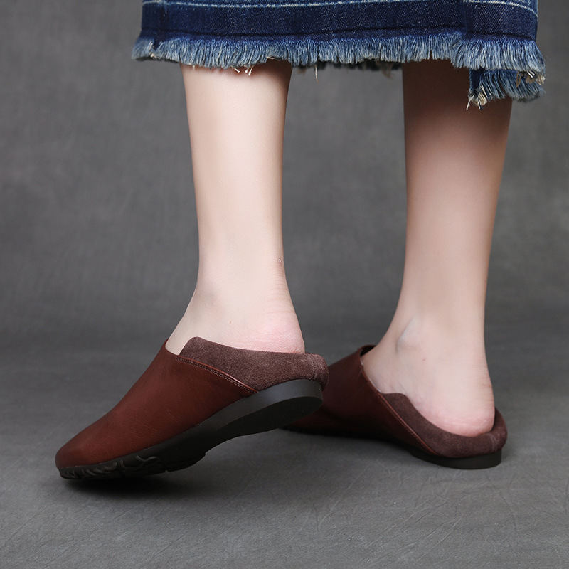 头层牛皮一脚蹬牛筋底单鞋女秋季新款森系懒人软底软面真皮妈妈鞋