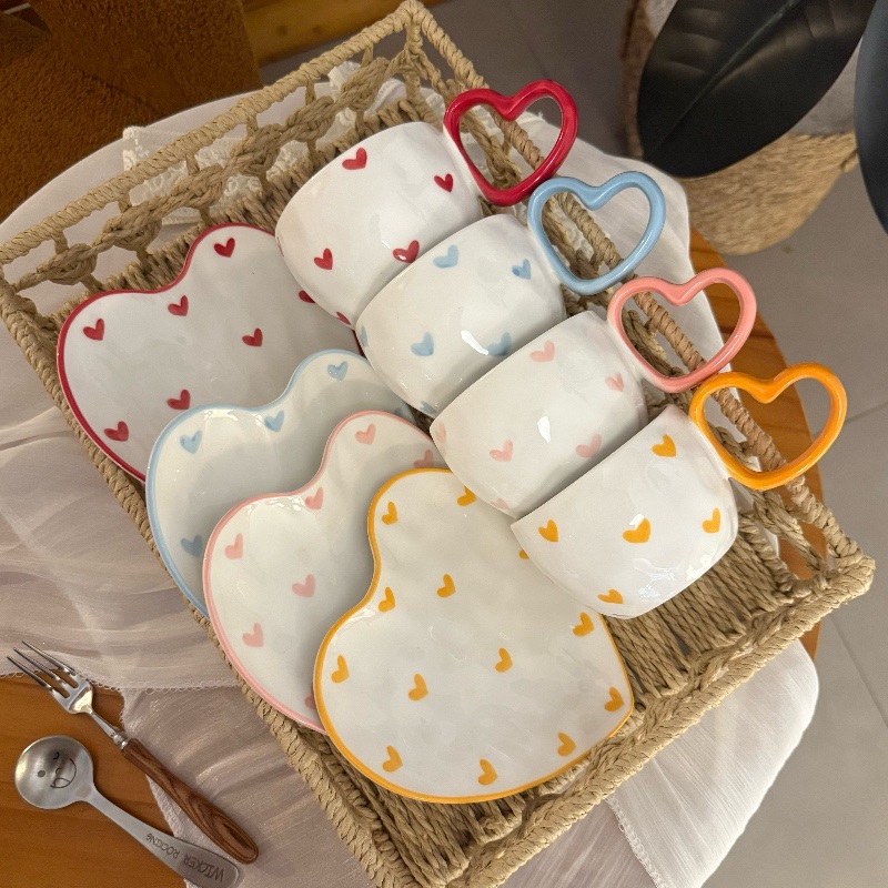 Estilo coreano ins mano cerámica taza de café plato amor mango arco amor taza de cerámica comercio electrónico transfronterizo image 3