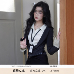贰羊设计【苏予】假两件荡领针织衫拼接缎面衬衫女设计感上衣