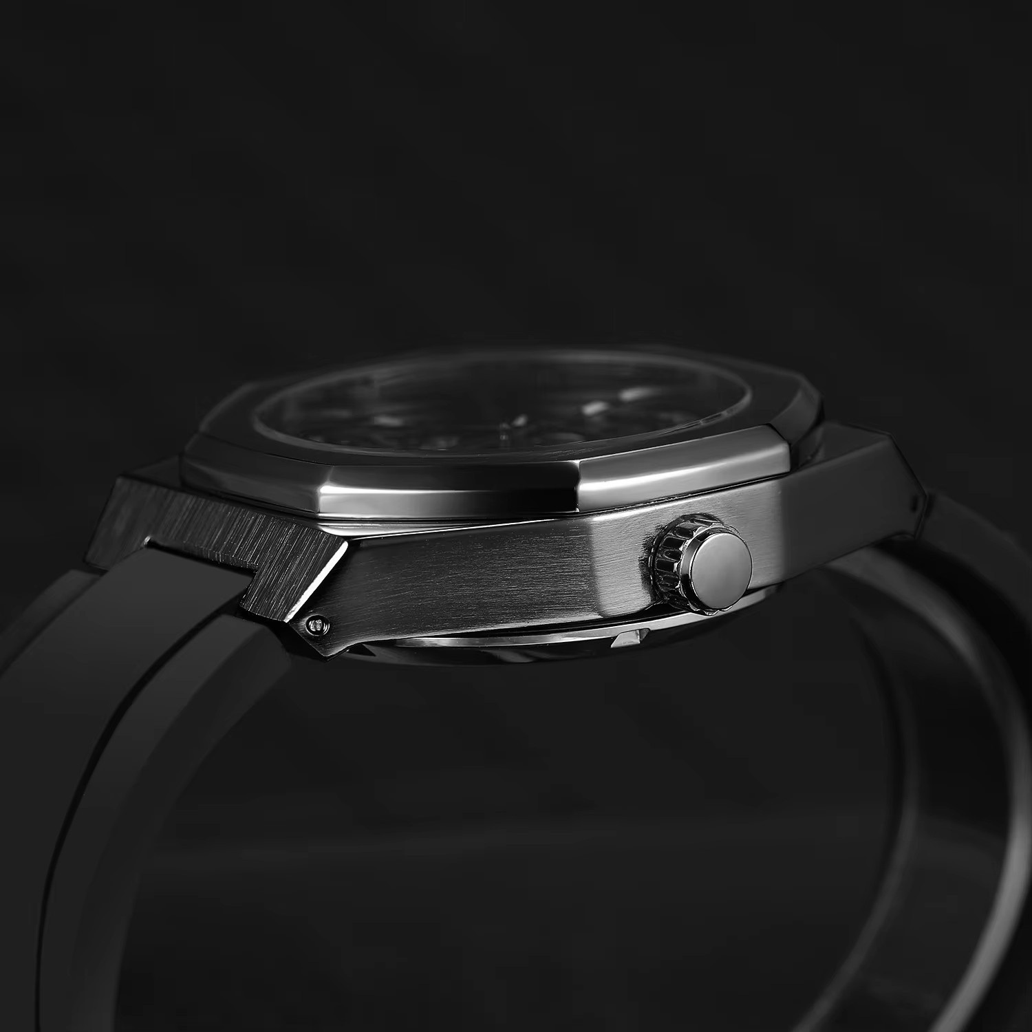 Men's Mechanical Skeleton Watch Silver Automatic Rubber Strap_voghion.com