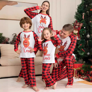 Aliexpress Independent Station Christmas Parent-Child Set Cross-Border Deer Letter Print Red Plaid Home Clothes Pajamas Soft and Cute