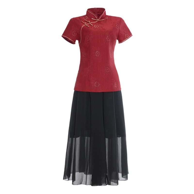 Лето 2025, новый стильный костюм Cheongsam Tang, женский короткий модный модный наряд для выступлений, комплект в китайском стиле, оптовая продажа.