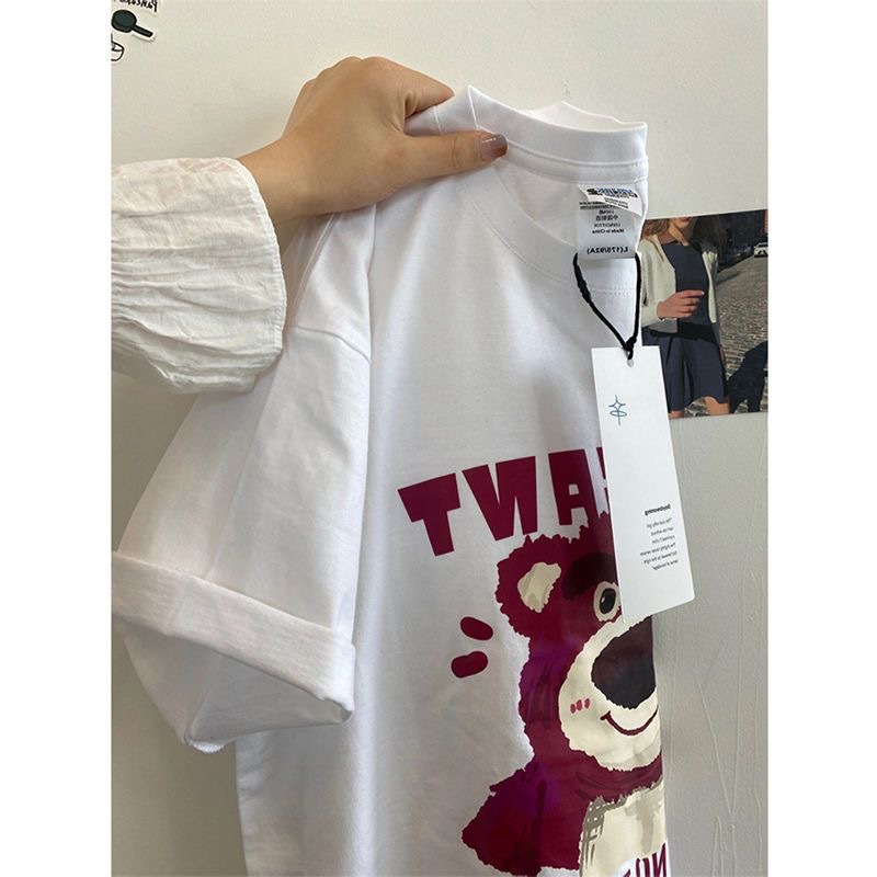 Hielo de seda camiseta de moda suelta de dibujos animados Tigre impreso manga corta Camiseta cuello redondo Mujer verano moda todo partido fresco camiseta Mujer