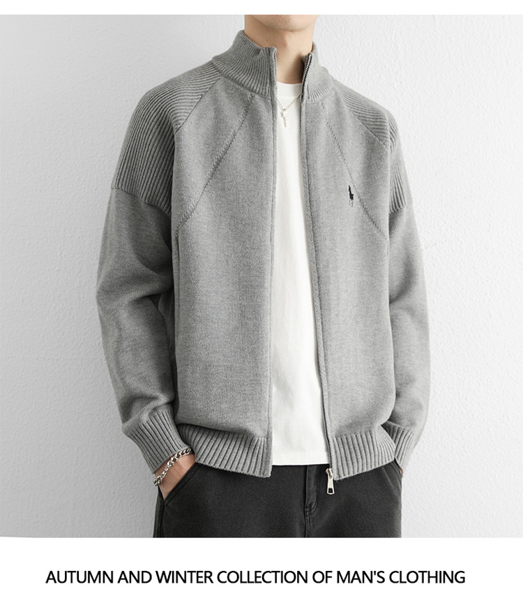 Gilet cardigan homme à double fermeture éclair, logo équitation tendance, col montant, maille haut de gamme, style business_voghion.com