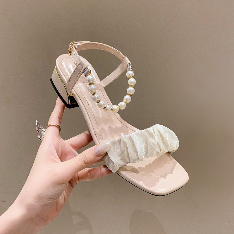 Fairy style for women in summer 2024, new pearl button up with pleated clouds, medium thick heels, square toe sandals_voghion.com