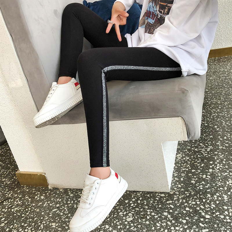 Spring and Autumn tight running sports pants women's horizontal bar striped bottoming pants stretch plus size yoga pants slim pencil pants