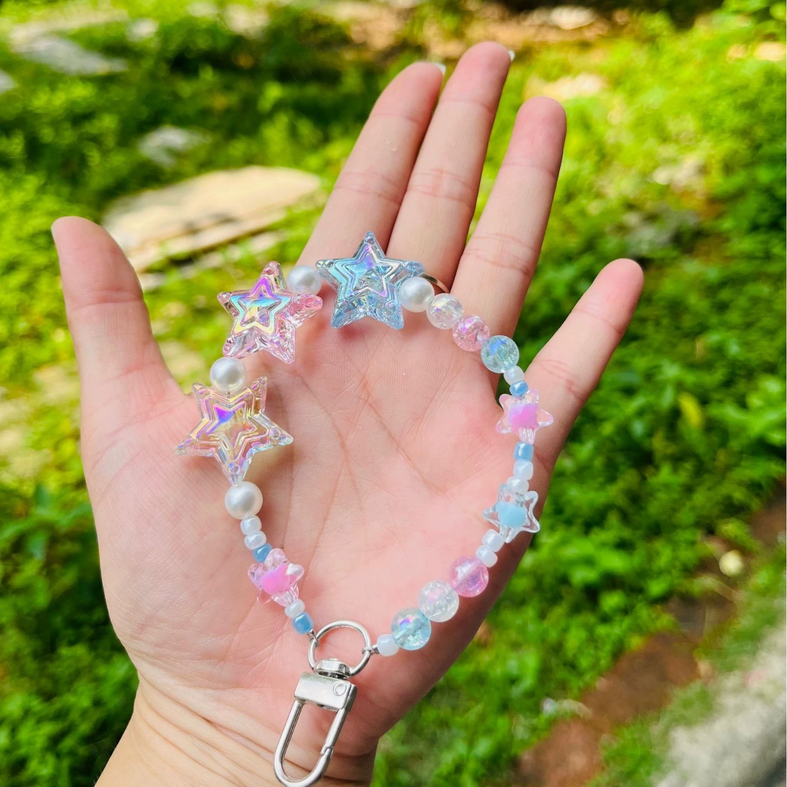 Transparent beaded bracelet handmade, mobile phone, camera, strap for keys