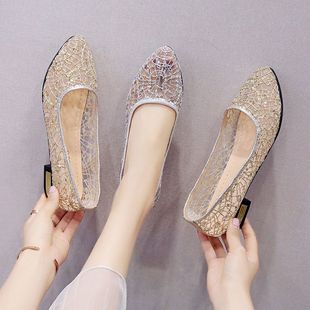 2024 Summer New Style Block Heel Sandals Women's Korean-style All-match Mesh Hollow Point Single Shoes Trendy Mid-heel Work Shoes