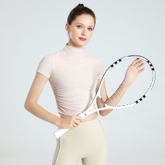 Slightly high-necked sports tops for women, yoga wear, short-sleeved tight-fitting T-shirts, running fitness wear for women, pleats to cover the flesh.