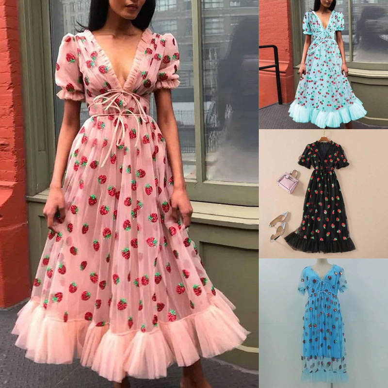 Cross Border Dress French Strawberry Four Color Sequins Sweet Long Skirt Mesh Bandage Slim Fashion Dress