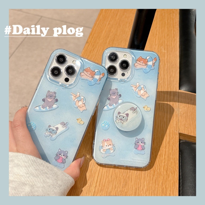 Verano pequeño gato nadador fresco para Apple 16ProMax funda para teléfono móvil 15Pro simple 14/13 nuevo 15