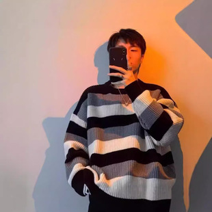American Style Retro Trendy Brand Black and White Striped Sweater Lazy Style Couple Autumn and Winter Pullover Loose Base Crewneck Sweater