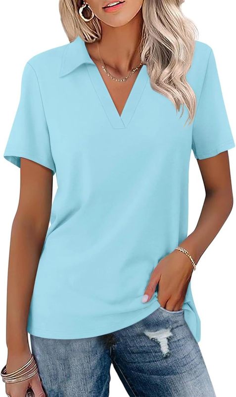 2025 アマゾンクロスボーダー女性の半袖 V ネックポロシャツ夏のノーカラートップカジュアルルーズ Tシャツトップ|undefined
