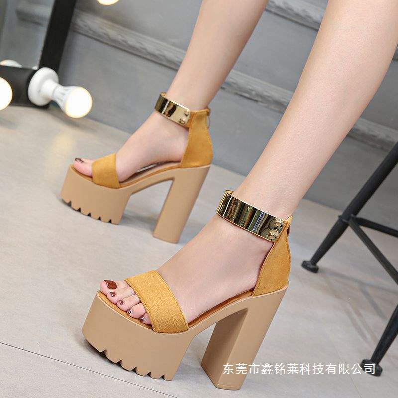 New Style High-Heeled Thick-Soled 14cm Chunky Heel Sequined Platform Sandals Versatile for Petite Individuals Gogo High Heels