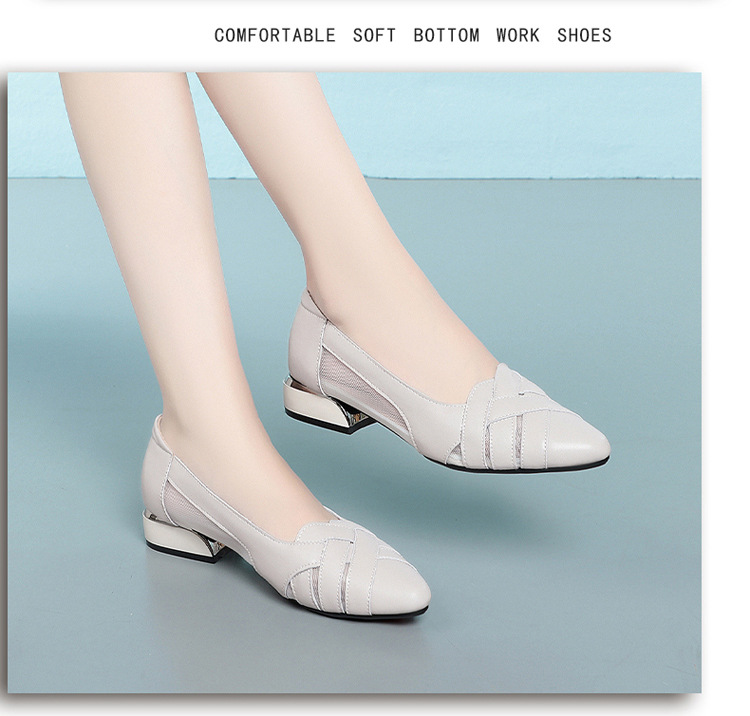 Sandal nữ da bò gót vuông thấp quai chữ V miệng nông mùa hè — Màu be xám (toàn bộ da bò) chi tiết 10
