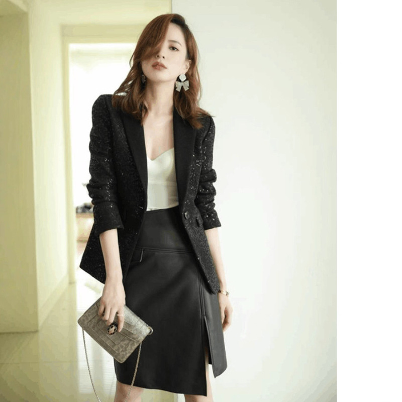 Socialite Leng Yan noble temperament vintage sequins one button slim-fit long-sleeved commuter casual suit jacket for women spring and autumn Socialite Leng Yan noble temperament vintage sequins one button slim-fit long-sleeved commuter casual suit jacket for women spring and autumn