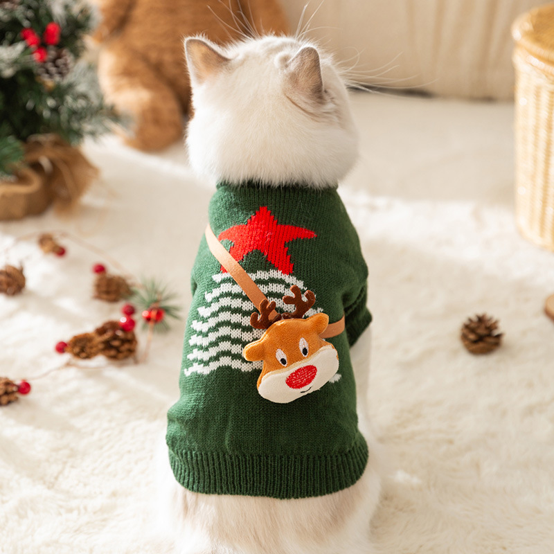 Otoño e invierno gato Navidad alce bolso de hombro suéter de punto cálido de dos pies Halloween perro pequeño ropa para mascotas