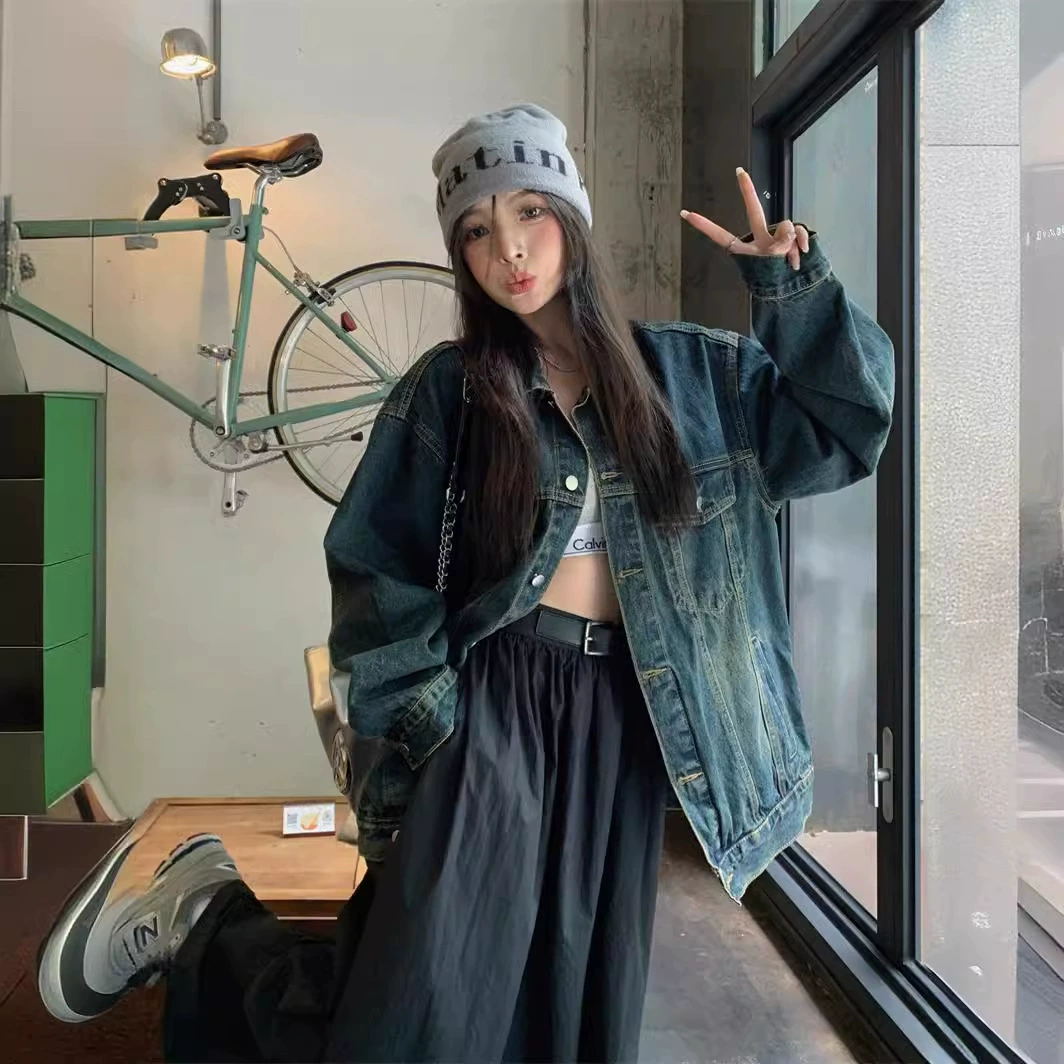 Autumn jacket, trend denim long-sleeve, American style, oversize