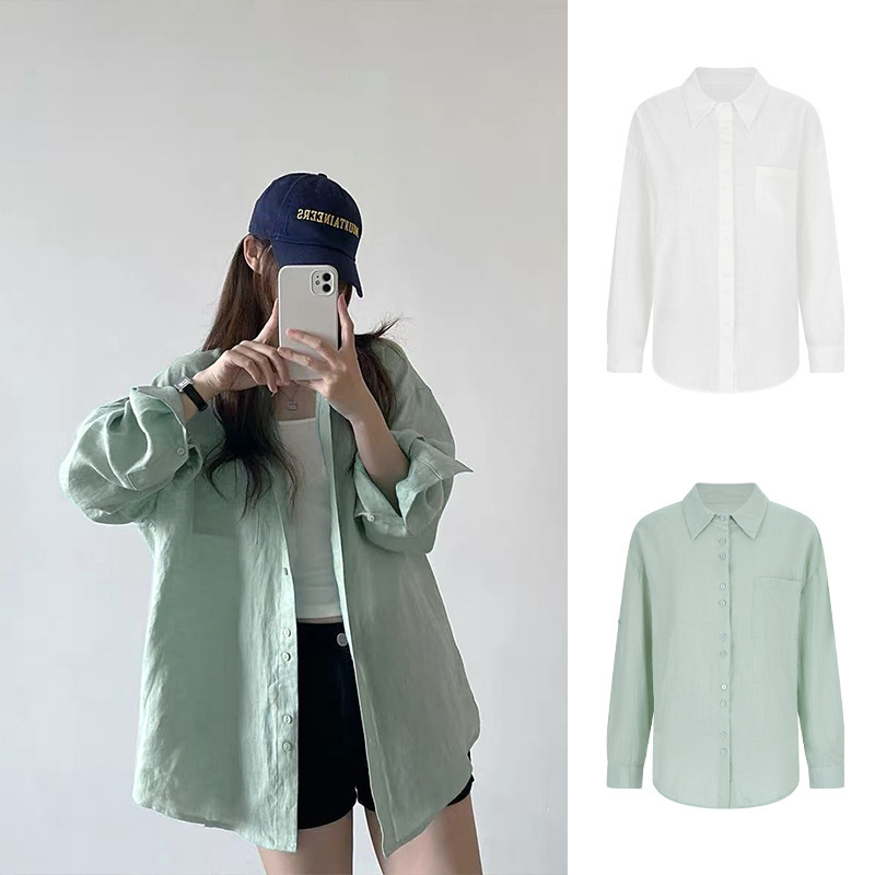 Magic Queen Summer Lazy Style Mid-Length Pure Cotton Shirt Slimming Turn-Down Collar Loose Casual Long-Sleeve Top Magic Queen Summer Lazy Style Mid-Length Pure Cotton Shirt Slimming Turn-Down Collar Loose Casual Long-Sleeve Top