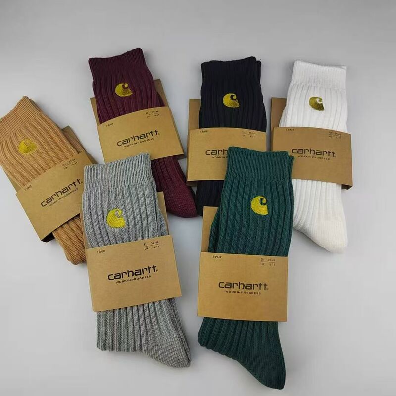New Carhartt Letter Large Line Double Needle Men's and Women's Mid-Calf Socks Carhartt Casual Trendy Brand Gold Label Embroider Sports