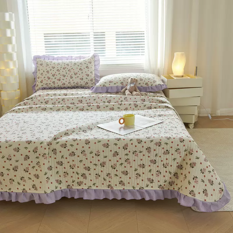 A类韩系泡泡纱夹棉床盖三件套双面可用花边款炕盖加厚榻榻米床单