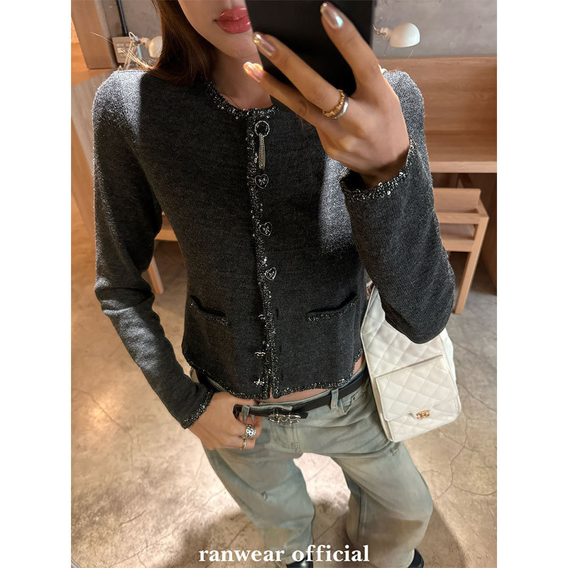Ranwear Paris千金 法式温柔气质小香设计感亮片织带针织毛衣开衫|undefined