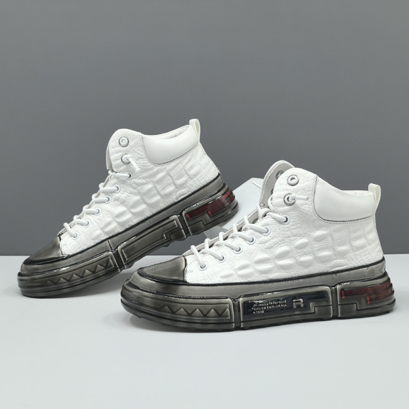 Men's High-end Genuine Leather High-top Board Shoes Men's Trendy All-match Shoes Niche Entry Luxury Embossed Crocodile Pattern Casual Shoes