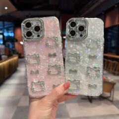 贝壳纹kt猫适用苹果17ProMax蝴蝶结手机壳iPhone15/14手链镭射