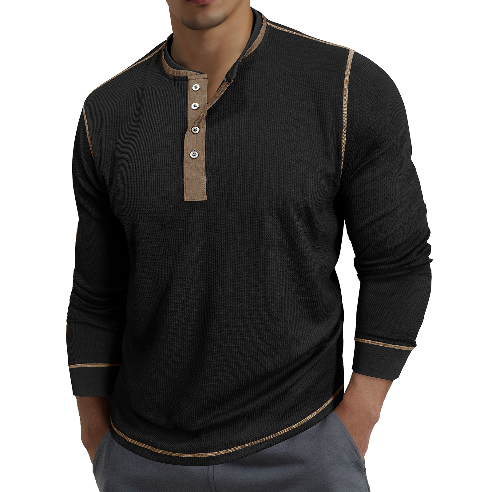 K Men's Round Neck Contrasting Long Sleeved Polo Shirt T-shirt Sweatshirt Retro Base Henley Collar Top_viptrois.com