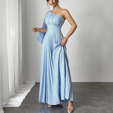 法式时尚新款气质单肩飘带收腰百褶连衣裙女长款晚宴年会礼服裙