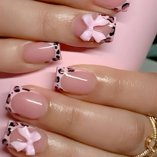 Short Leopard Print French Style European Style Wear Armor Three-Dimensional Bow Leopard Print Sweet Cool Bright Face Fake Nail 24 Nails