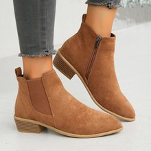 外贸欧美秋冬女中及踝靴磨砂侧拉链短靴新品跟粗跟马丁靴子女