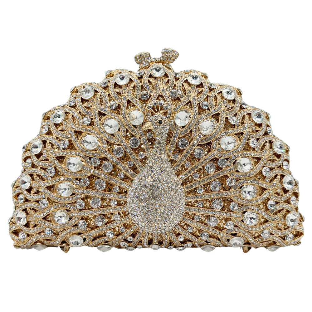 Túi clutch nữ đính đá hình con công rỗng dạ hội — Đen xanh lục, Xanh vàng, Nền vàng kim cương trắng, Vàng hồng chi tiết 15