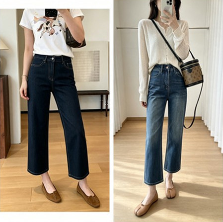 Straight legs! A must-have~ Women's four-way stretch straight-leg jeans, 2026 new model, embroidered high-waisted cropped baguette pants