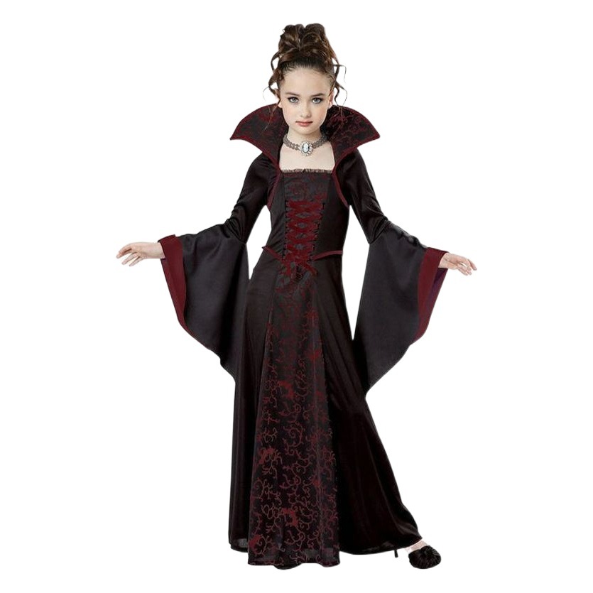 European and American New Halloween Kidsren's Costumes Witch Costumes Medieval Retro Lace-Up Stand-Up Collar Trumpet Sleeve Printed Long Skirt