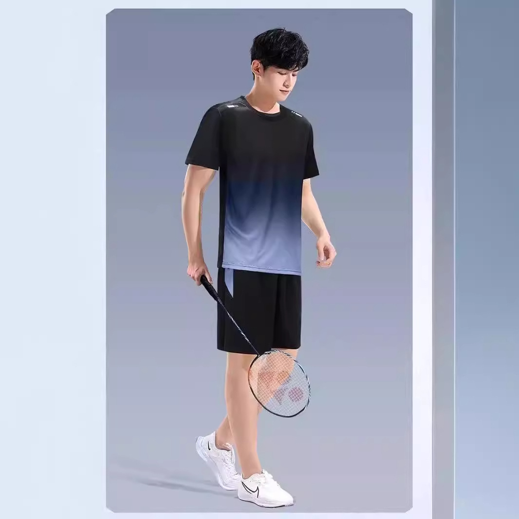 피트니스 옷 남자 아이스 실크 반팔 티셔츠 빠른 건조 여름 운동복 세트 농구 모닝 러너 반바지 훈련실