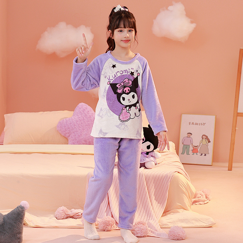 2025 invierno ropa infantil de franela dibujos animados cuello redondo pijamas de manga larga niñas chaqueta caliente set de ropa para el hogar supermercado