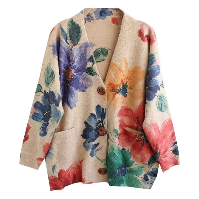 2025 Spring and Autumn New Women's Artistic Style Mink Velvet Sweater V-Neck Loose Casual Cardigan Knitted Coat