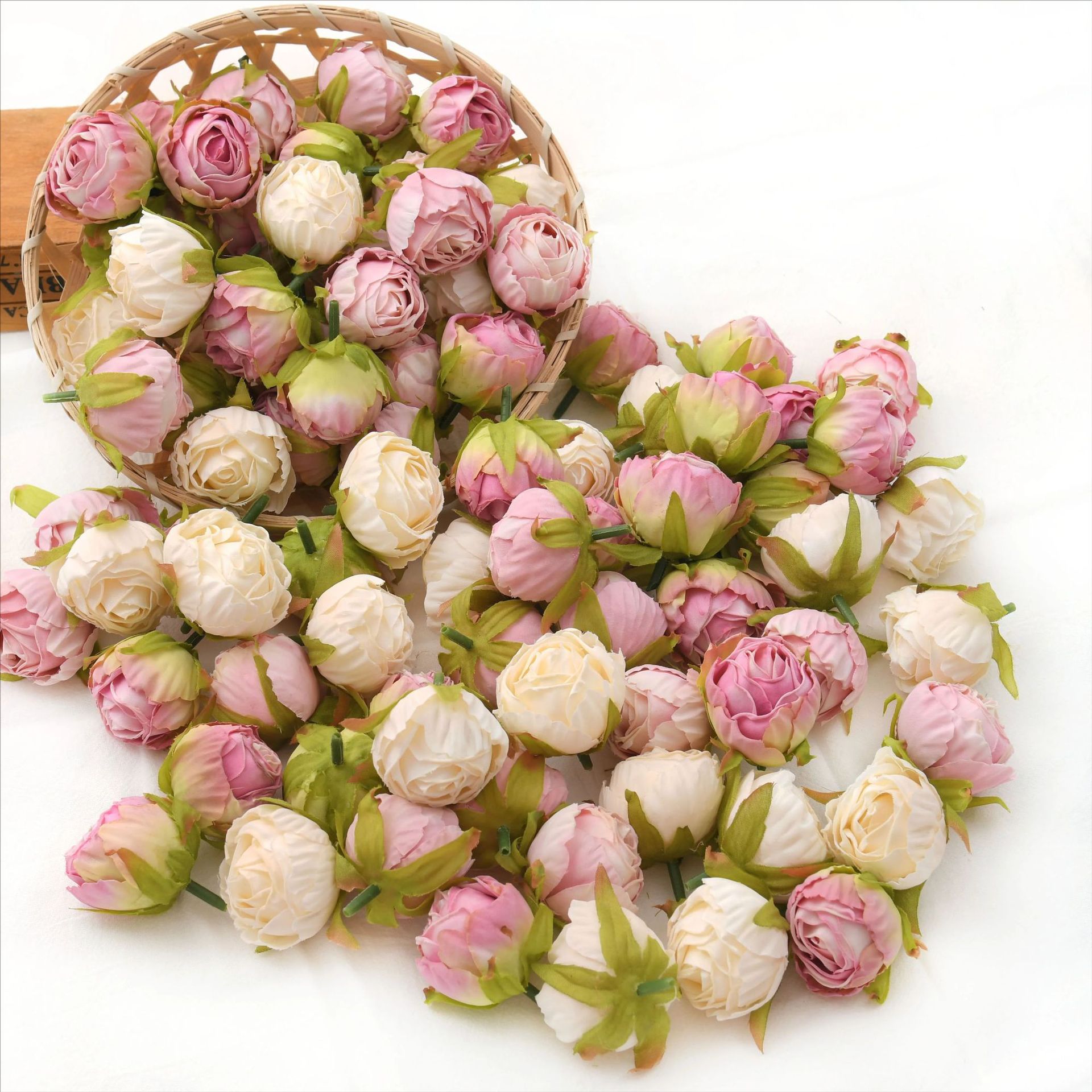 Exquisite roasted edge small camellia rose bud flower head artificial flower wedding DIY flower wall wreath accessories