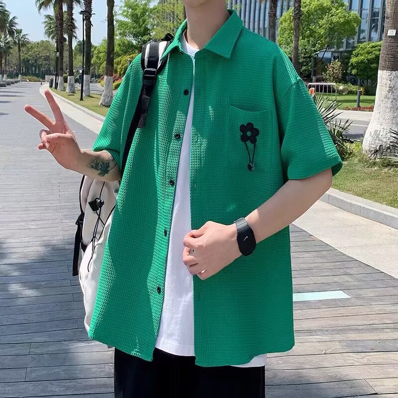 Summer Green Floral Waffle Shirt Japanese Style Men's Short-Sleeve Thin Loose Fashion Beach Plus-Size Handsome Breathable Top