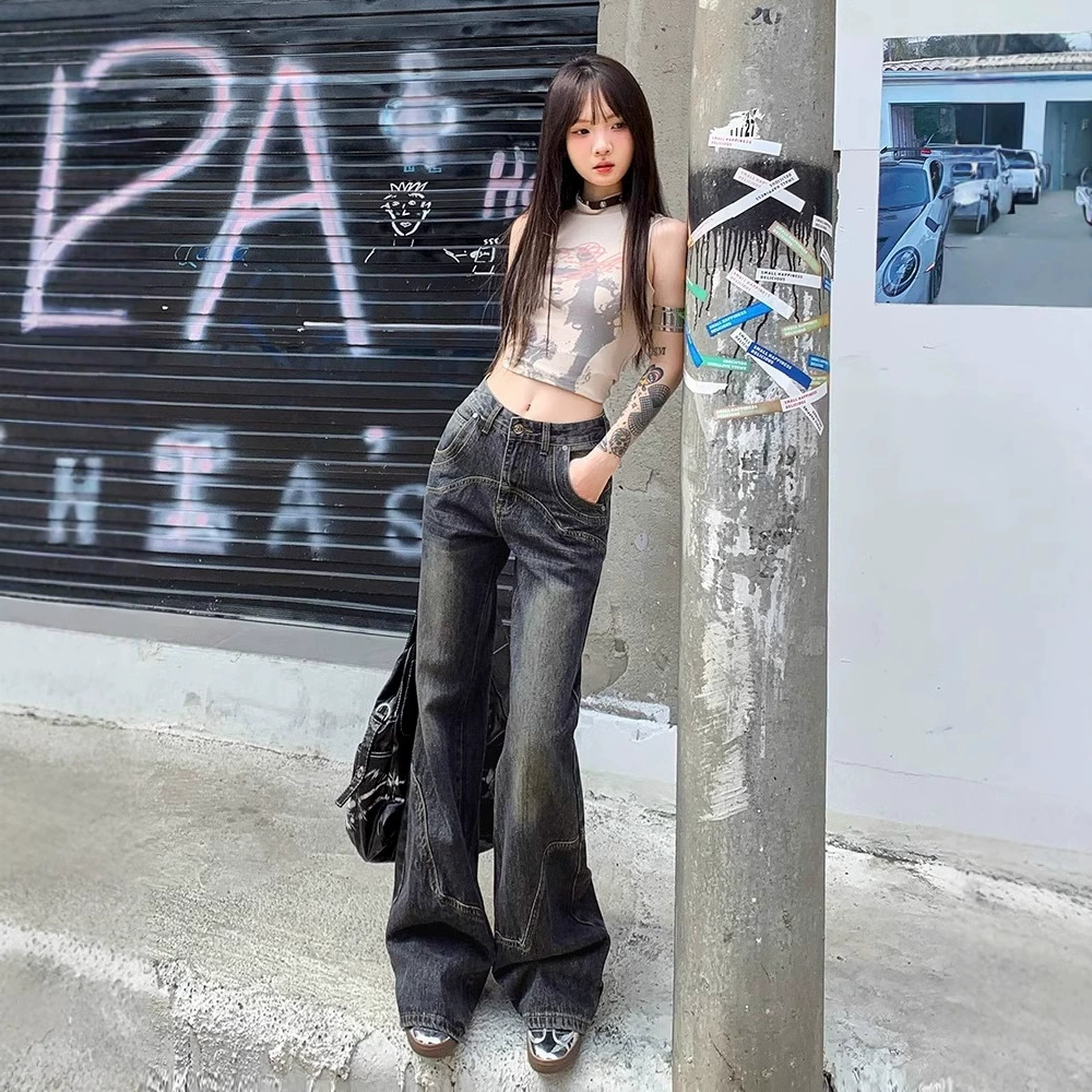 Demi-season jeans, retro design trousers, high waist, American style, trend of season, loose straight fit