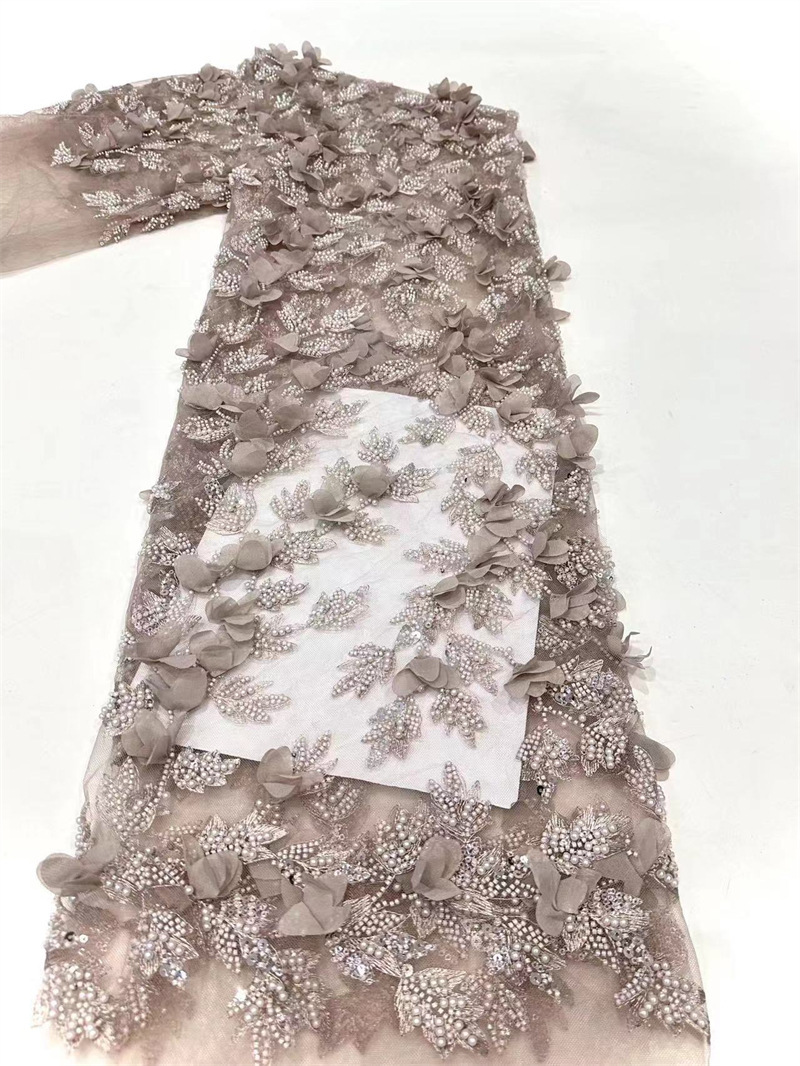 Embroiderado de tubo de perlas delicada tela de decalca hecha a mano, cuentas de burbuja, sequin, bordado de tubo de perlas, vestido de boda, tela