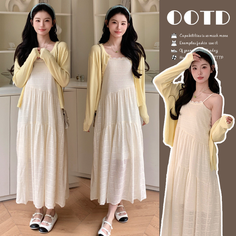 Maternity Wear 2025 Spring and Summer Suit New Korean Style Fashionable Pure Cotton Vest Suspender Skirt Sun Protection Cardigan Two-Piece Set