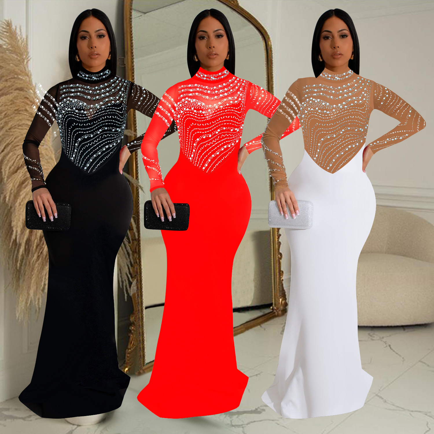 C7043 Aliexpress transfronterizo Amazon estación independiente de moda europea y americana ropa de mujer de color sólido vestido largo de diamante caliente nuevo