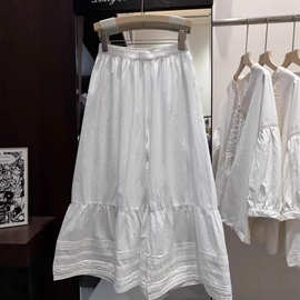 2026早春新款森系蕾丝拼接阔腿裤女松紧腰双层裙摆宽松七分裤多色